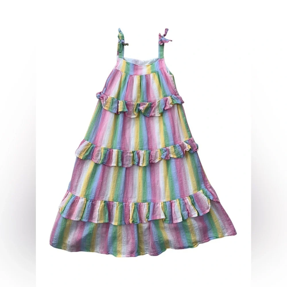 Mini Boden Size 5-6 Years Tiered Ruffle Pastel Gold Striped Maxi Dress